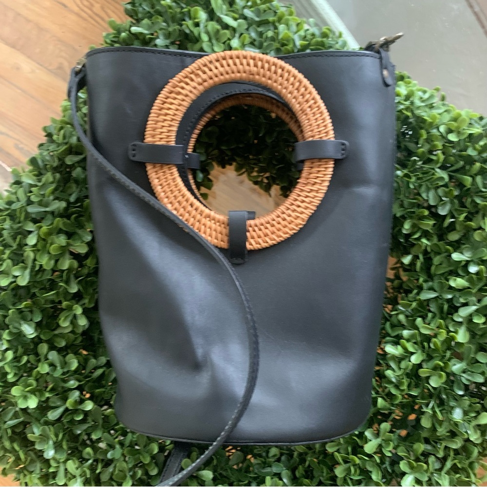 Soludos Black Leather Shoulder Bag with Tan Woven Handle